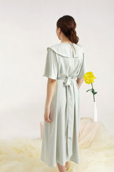 Silk Midi Dress with Oversized Collar and Waist Tie
